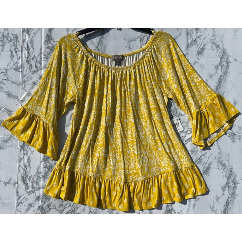 Style & Co Womens Yellow Floral Ruffle Hem and sleeve Peasant Blouse Sz  Small